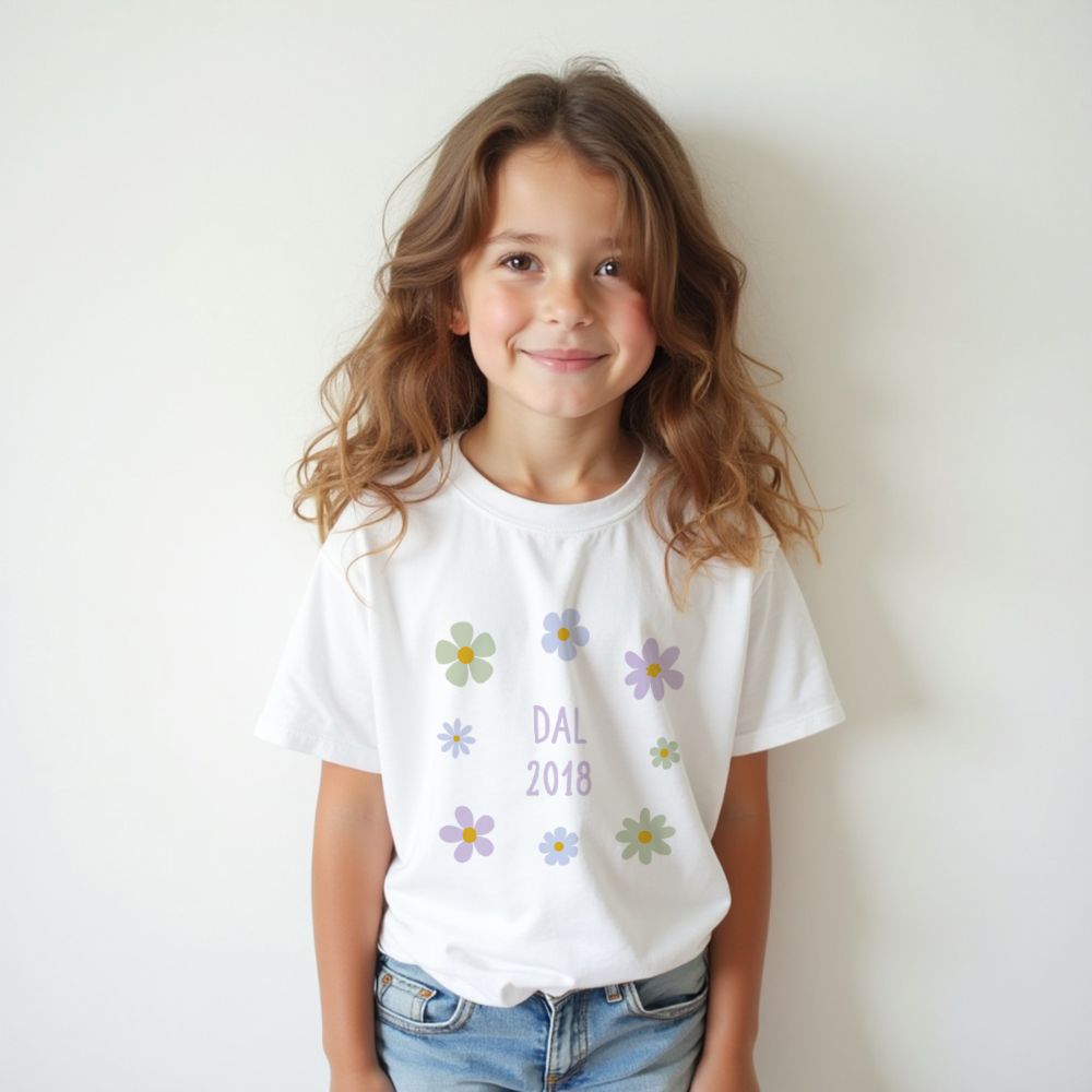 Maglietta Personalizzata per Bambini con Fiori e Testo