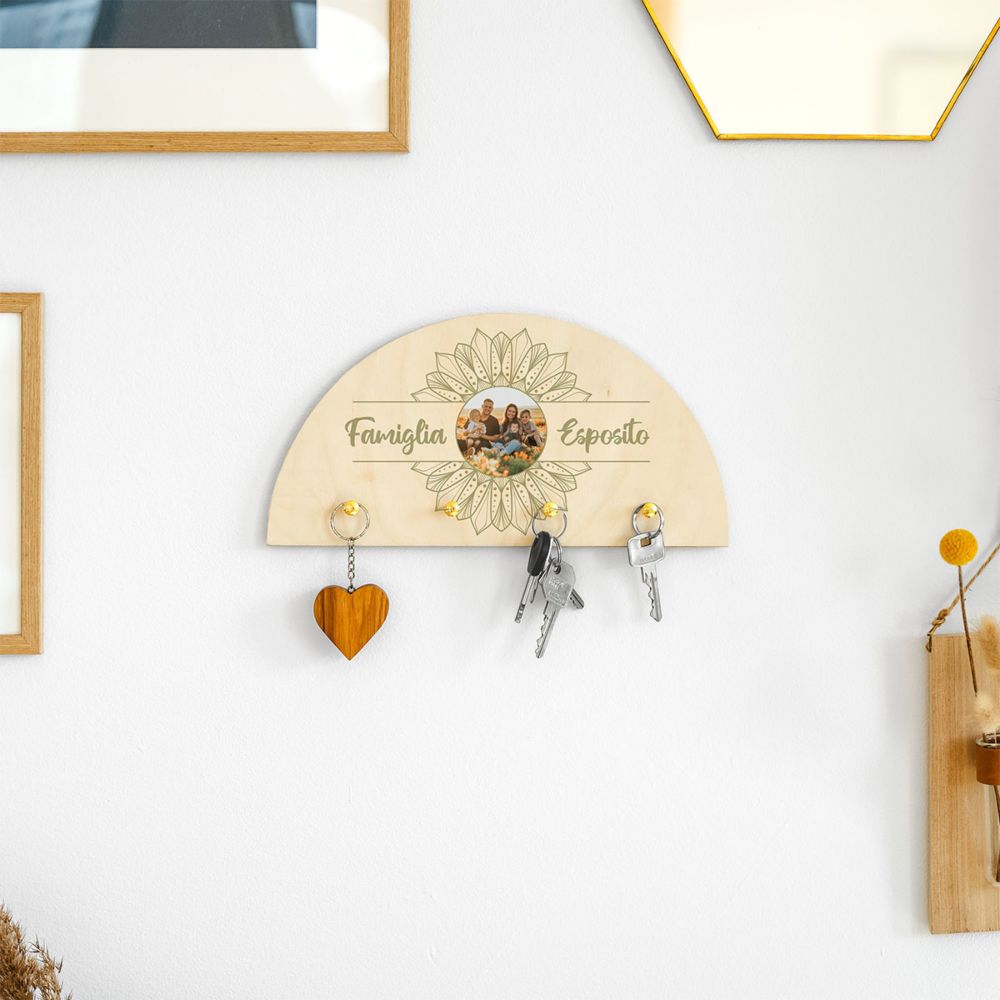 Portachiavi da Parete in Legno Personalizzato Mandala con Foto e Testo