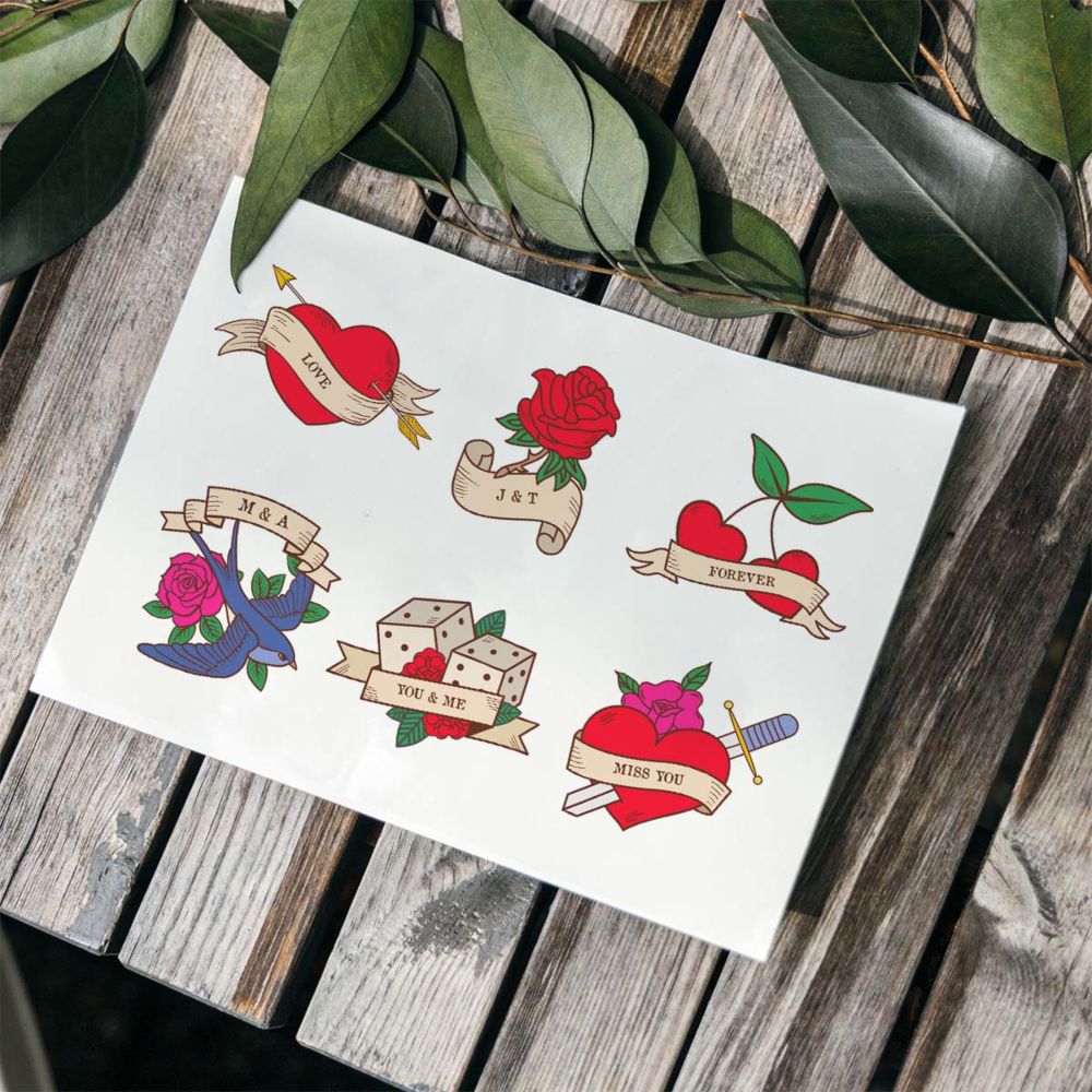 Set di 6 Tatuaggi Personalizzati con Disegni e Testo Retrò